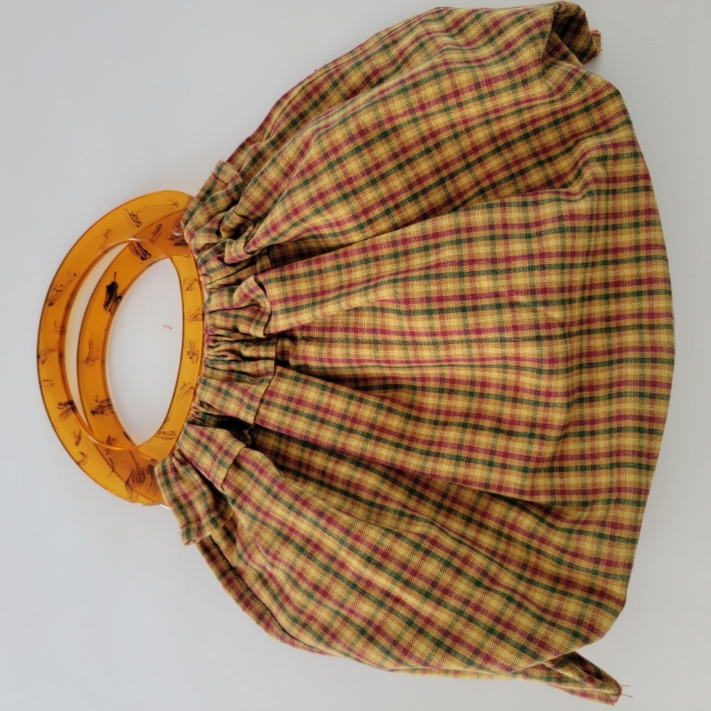 Hand Crafted Orange Brown Plaid Tartan Clutch Purse Handbag Acrylic Handles - Picture 7 of 9